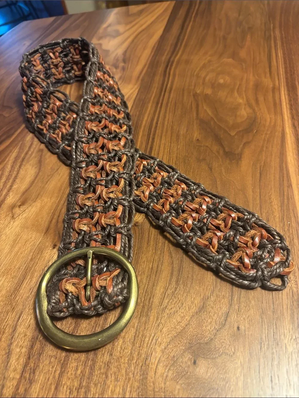 Vintage Macrame Leather & Rope Belt with Brass Ring Buckle - Brown/Tan - S?